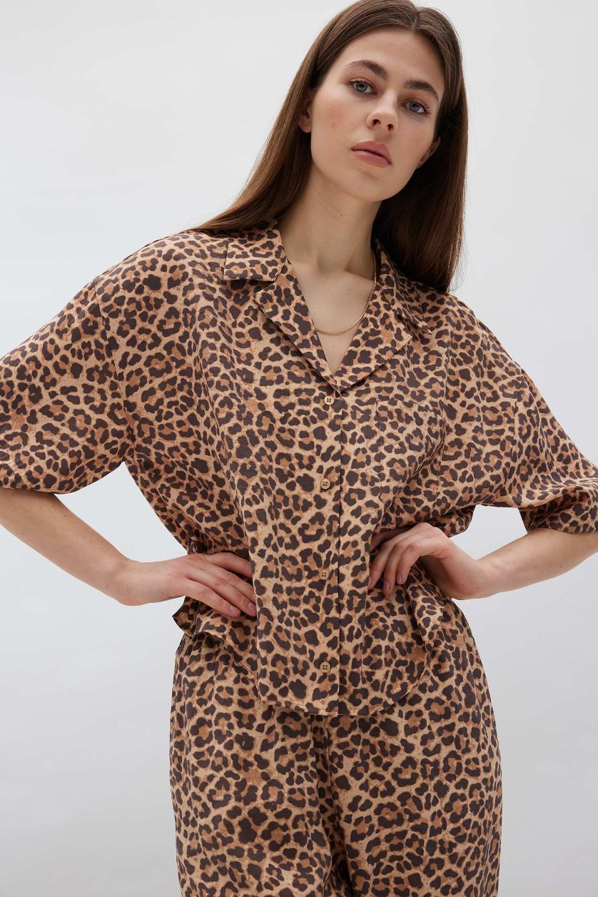 WOMAN Brown Loose Fit Leopard Patterned Modal Short Sleeve Shirt