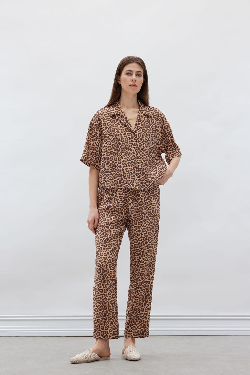 WOMAN Brown Loose Fit Leopard Patterned Modal Short Sleeve Shirt