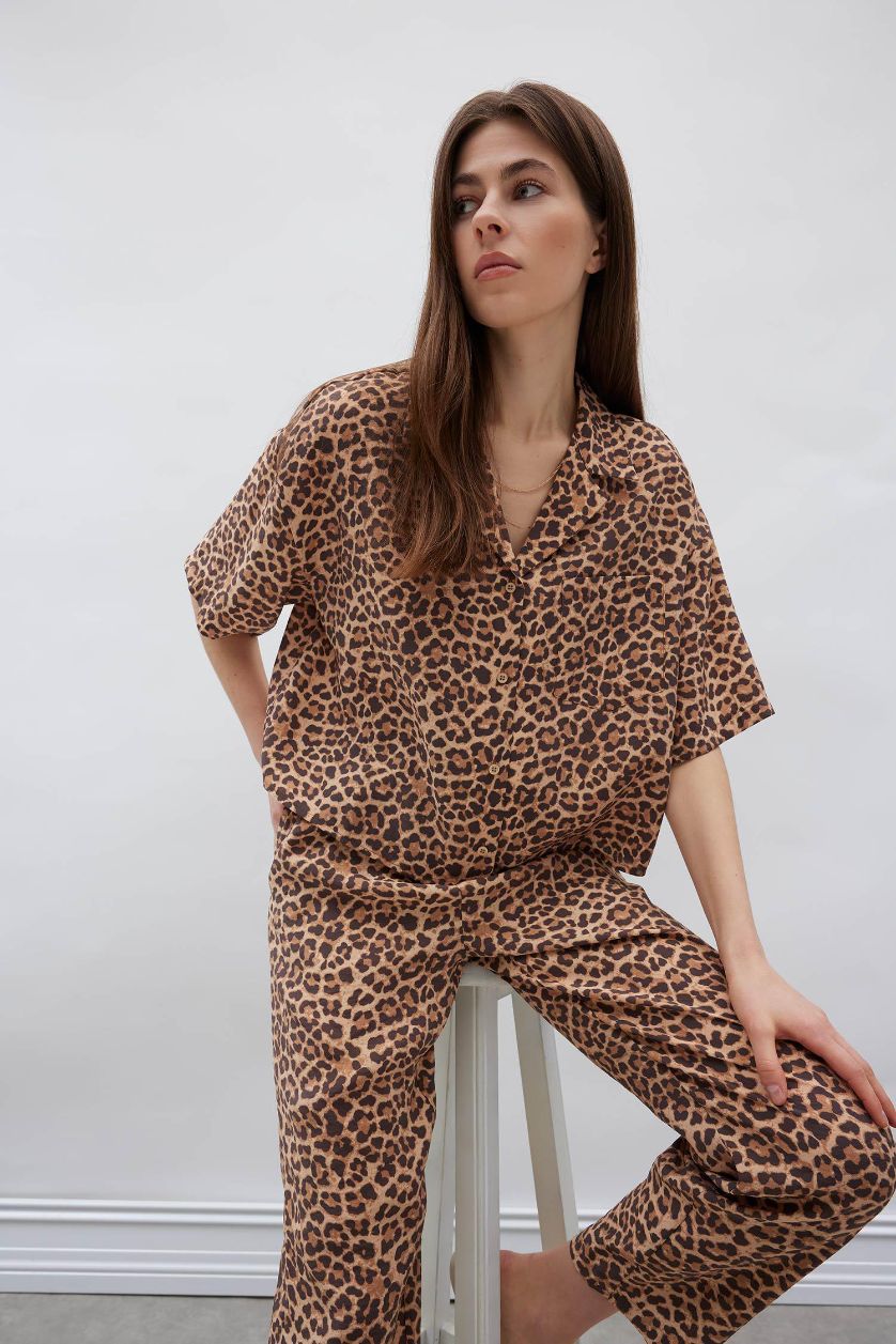 WOMAN Brown Loose Fit Leopard Patterned Modal Short Sleeve Shirt