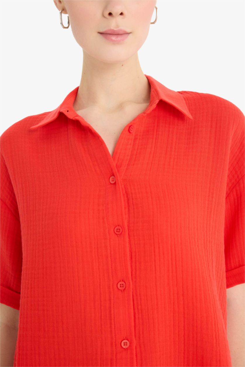 Kadın Kırmızı Regular Fit Müslin Kısa Kollu Kırmızı Gömlek