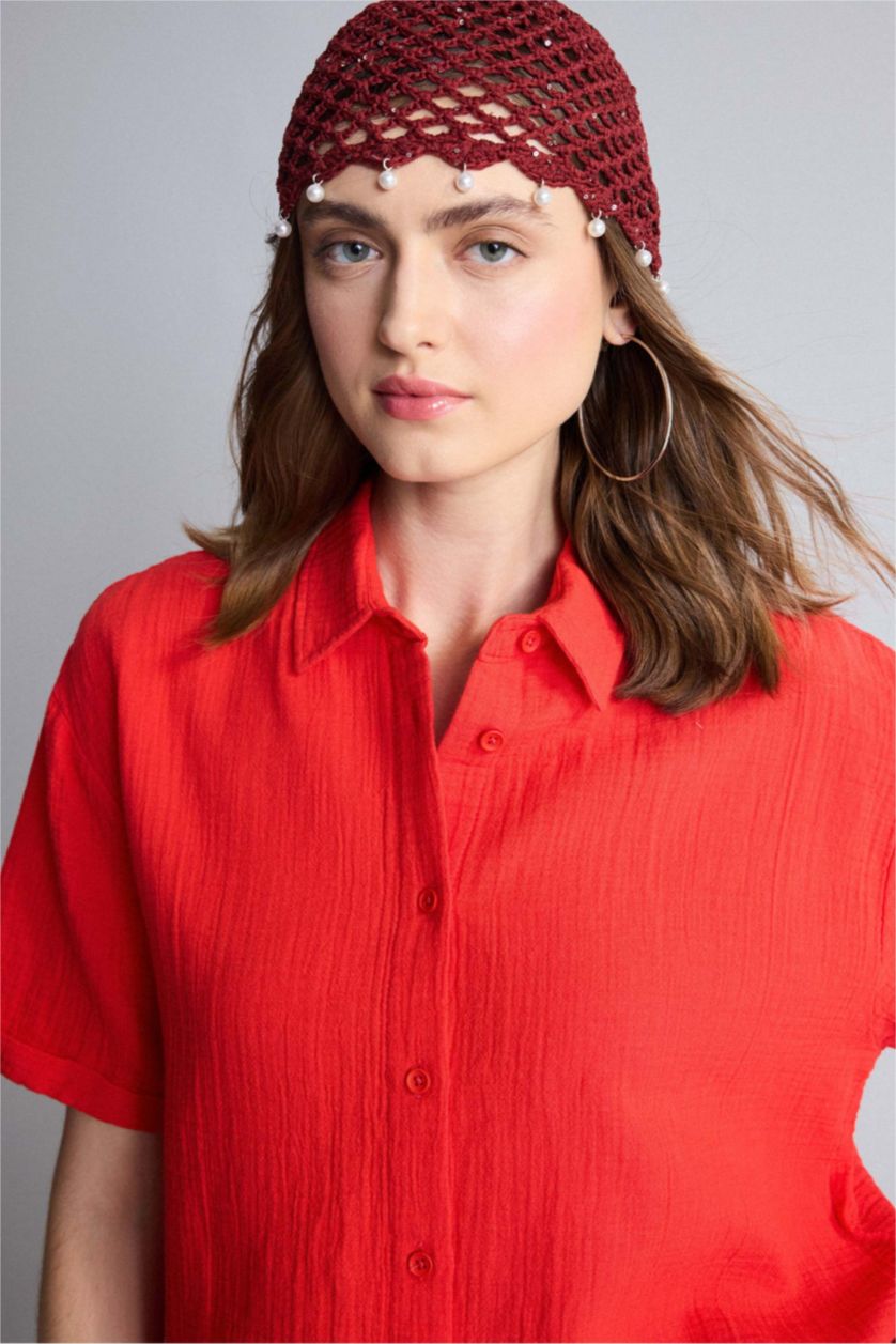 Women Red Regular Fit Muslin Short Sleeve Shirt