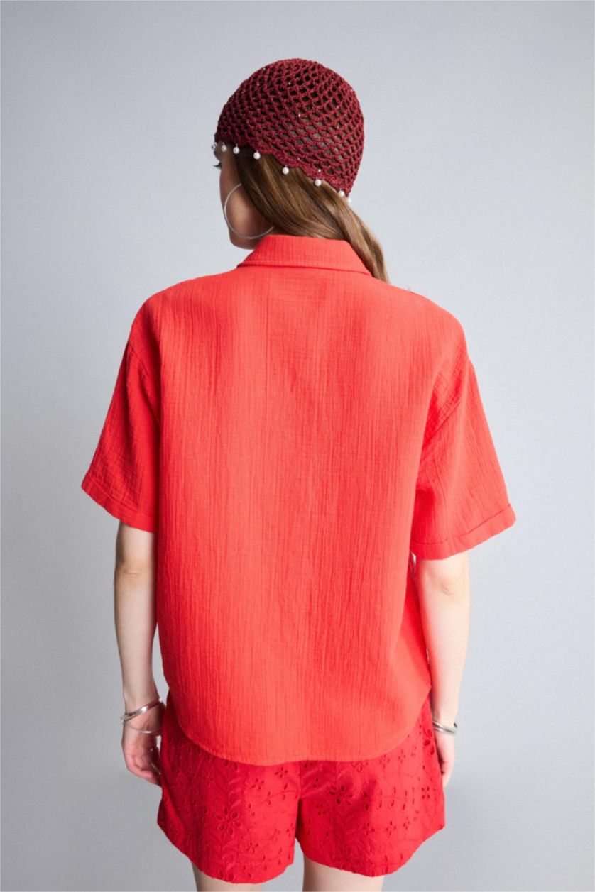 Women Red Regular Fit Muslin Short Sleeve Shirt