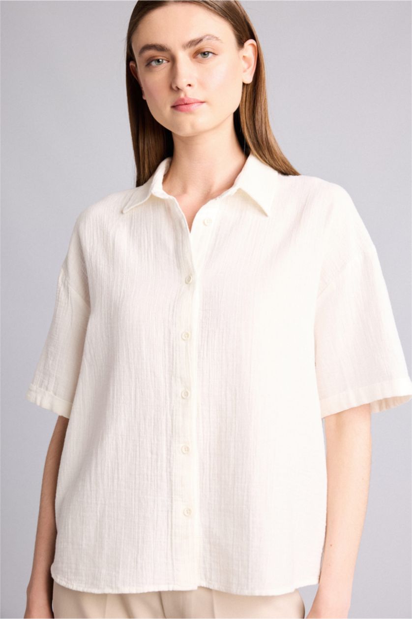 Women White Regular Fit Muslin Short Sleeve Shirt