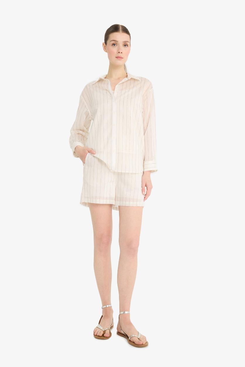WOMAN Beige Oversize Fit Shirt Collar Striped Modal Shirt