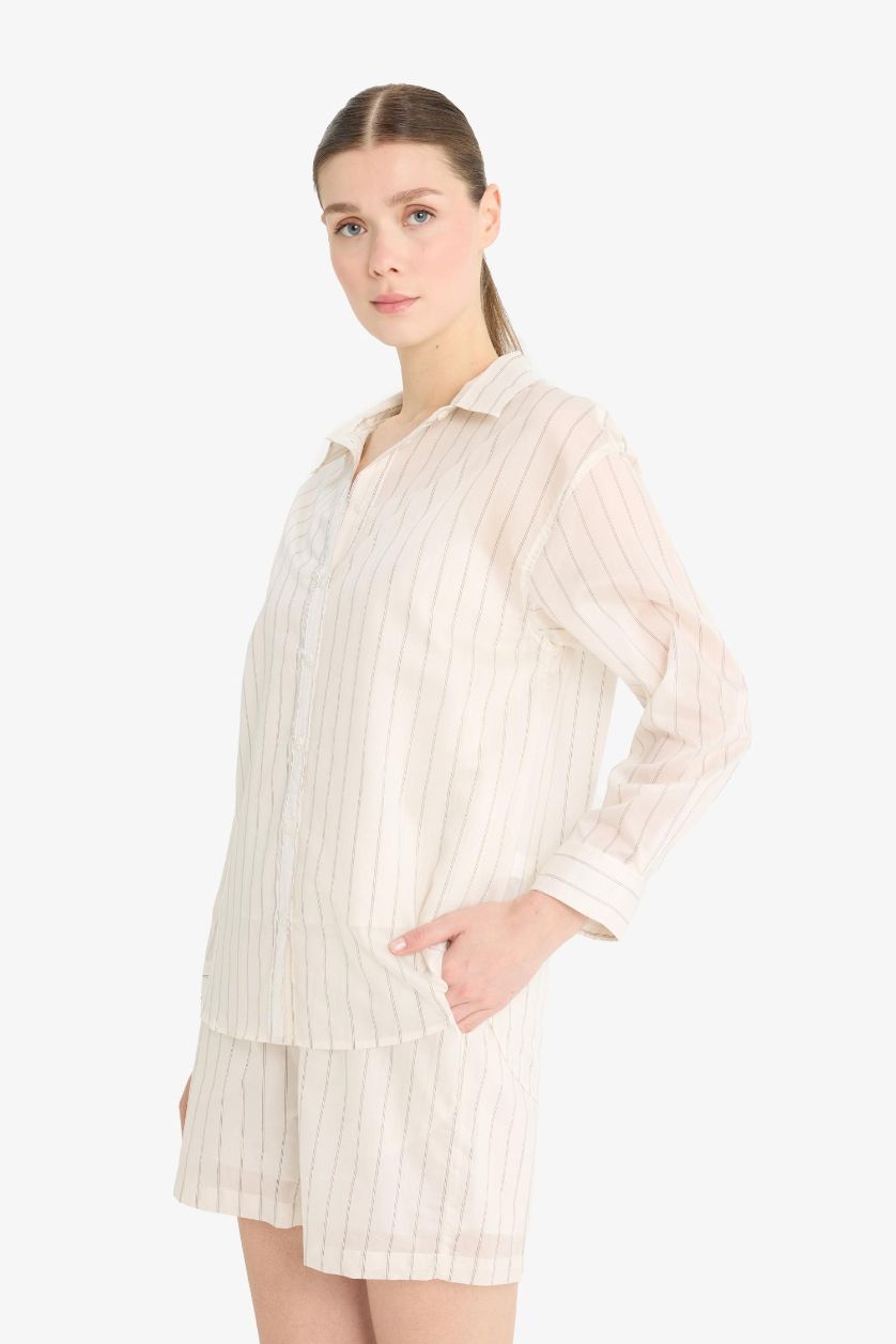 WOMAN Beige Oversize Fit Shirt Collar Striped Modal Shirt