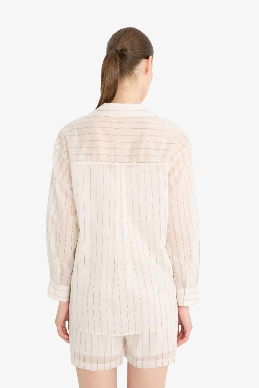 WOMAN Beige Oversize Fit Shirt Collar Striped Modal Shirt