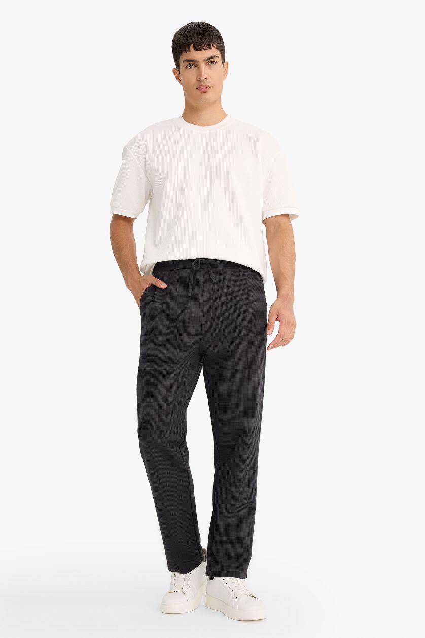 MAN Dark Anthracite Regular Fit Tie Waist Straight Leg Waffle Sweatpants