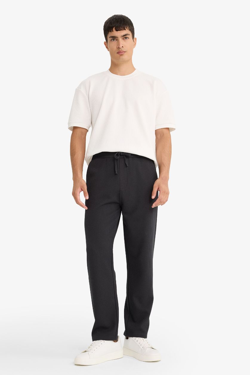 MAN Dark Anthracite Regular Fit Tie Waist Straight Leg Waffle Sweatpants