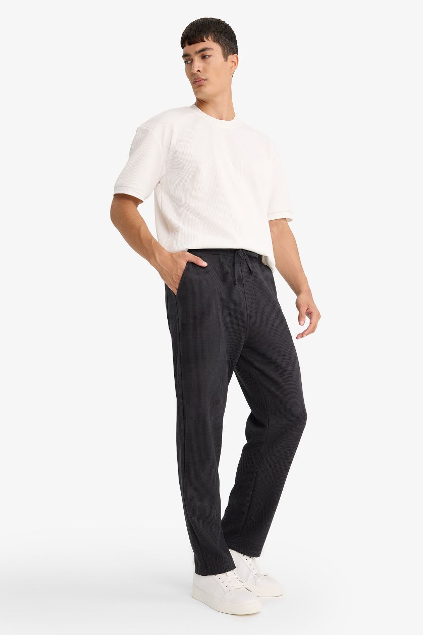 MAN Dark Anthracite Regular Fit Tie Waist Straight Leg Waffle Sweatpants