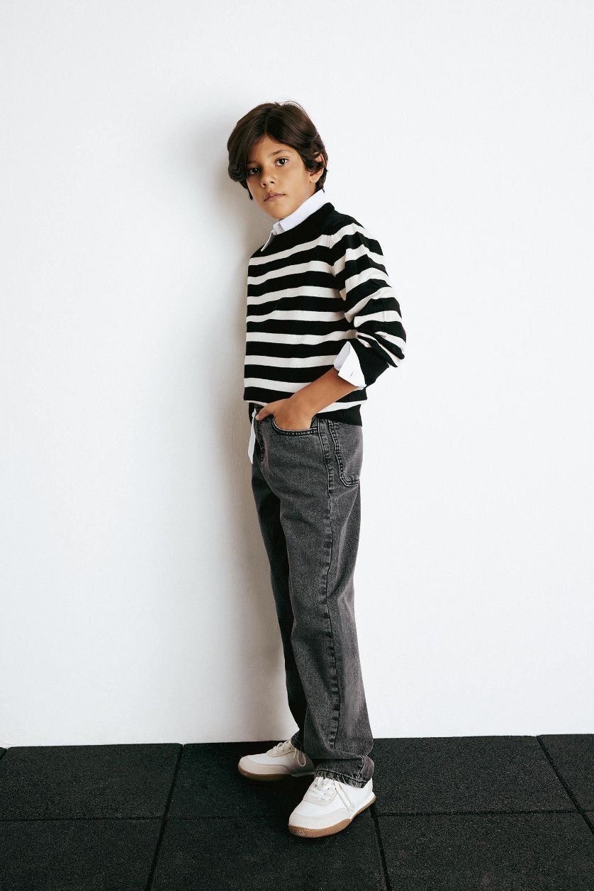 Erkek Çocuk - Genç Erkek Siyah Bisiklet Yaka Çizgili Triko Kazak Erkek Çocuk