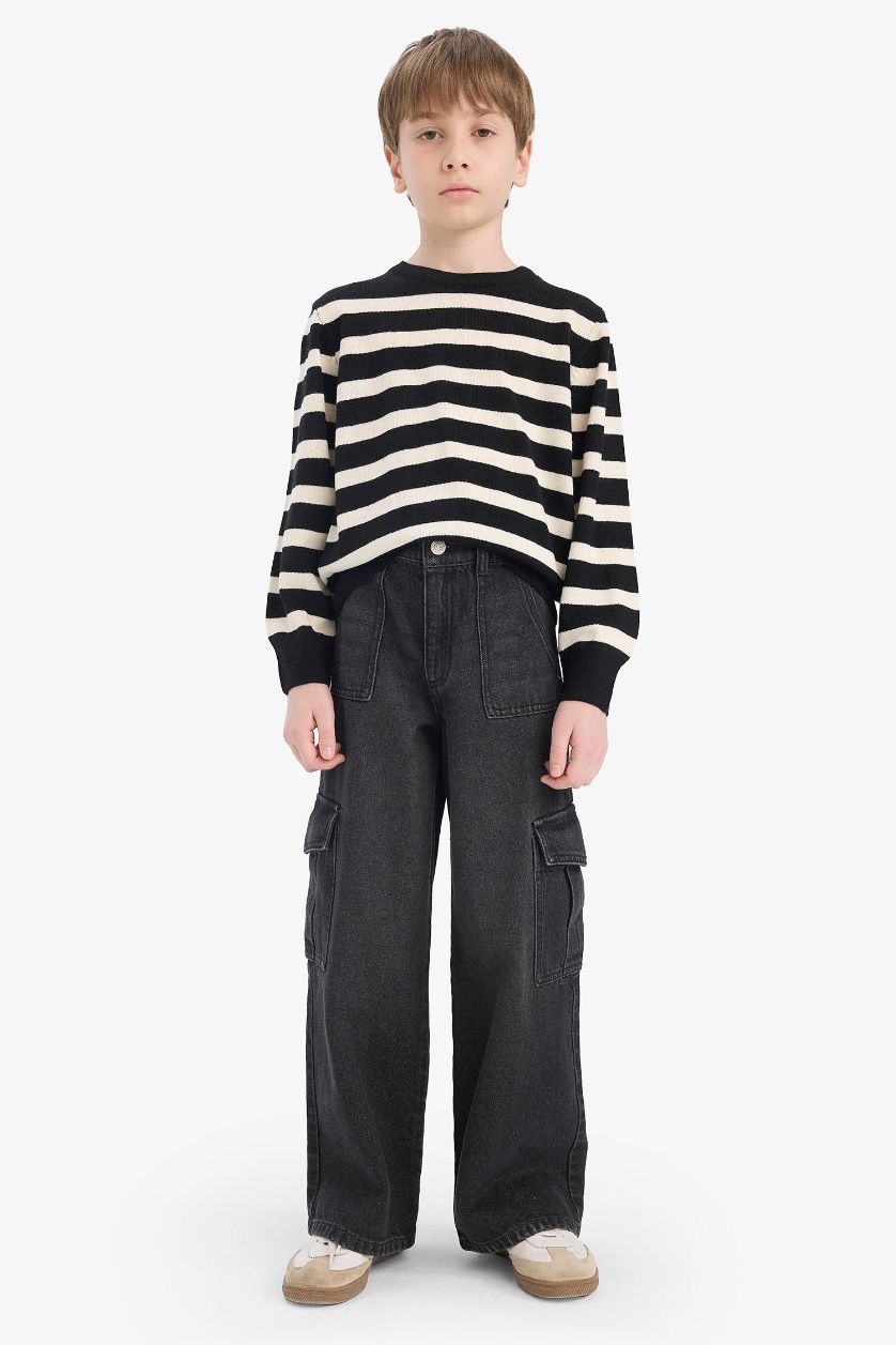 Erkek Çocuk - Genç Erkek Siyah Bisiklet Yaka Çizgili Triko Kazak Erkek Çocuk