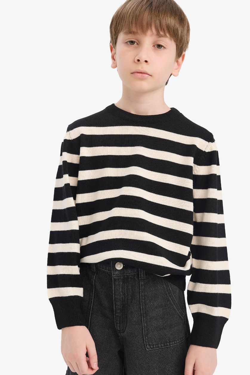 Erkek Çocuk - Genç Erkek Siyah Bisiklet Yaka Çizgili Triko Kazak Erkek Çocuk