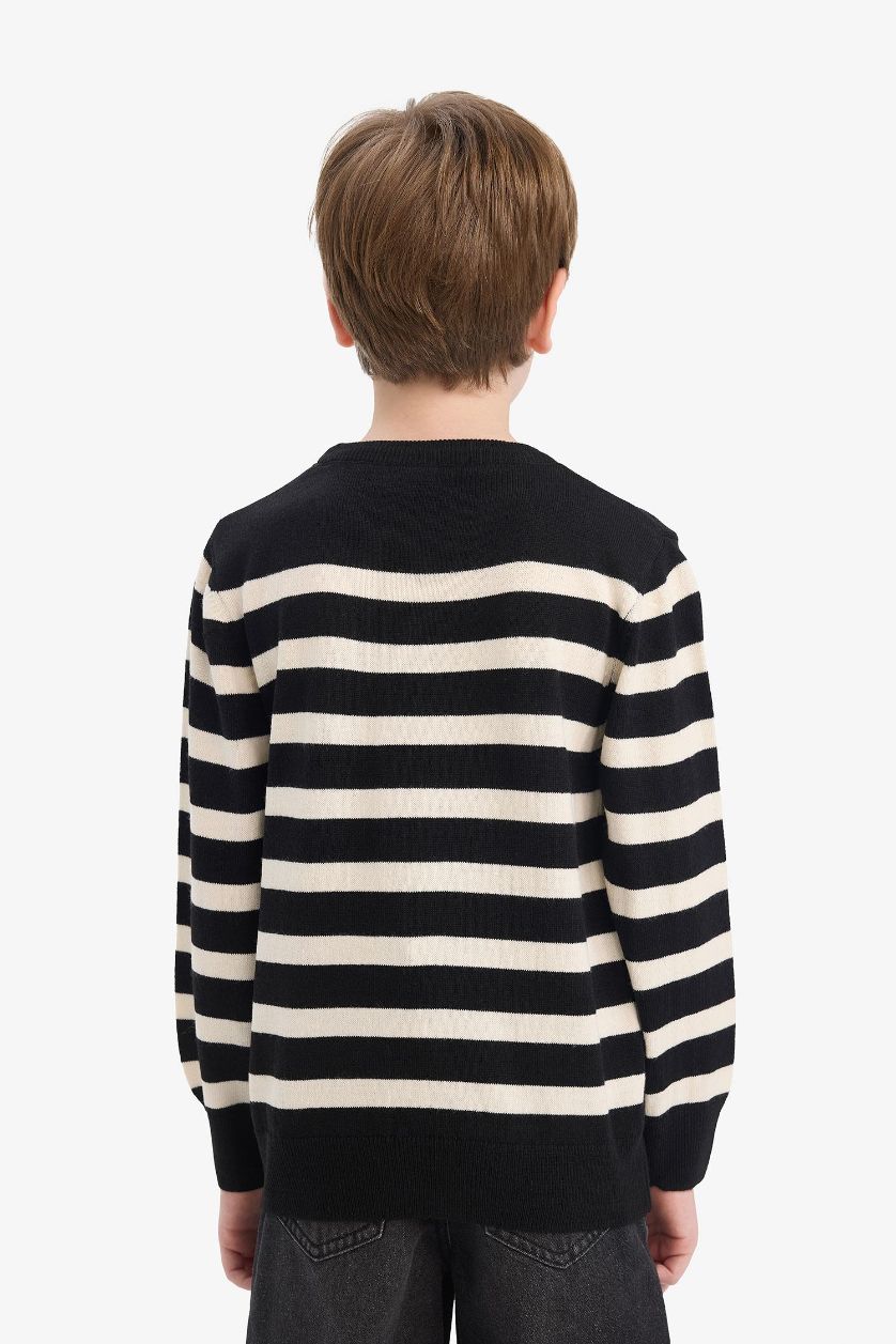 Erkek Çocuk - Genç Erkek Siyah Bisiklet Yaka Çizgili Triko Kazak Erkek Çocuk