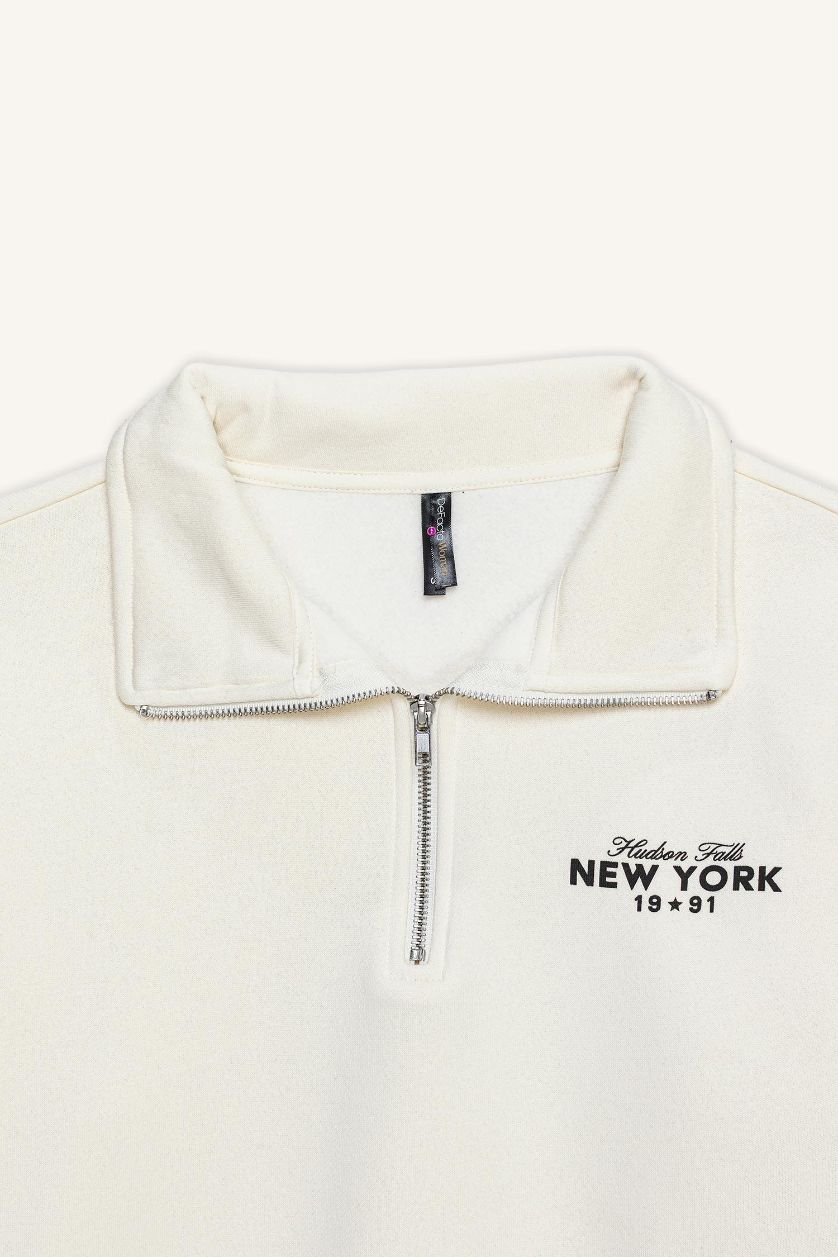 حريمي اللون الرملي سويت شيرت تقيل قصة عادية بياقة نص سوسته