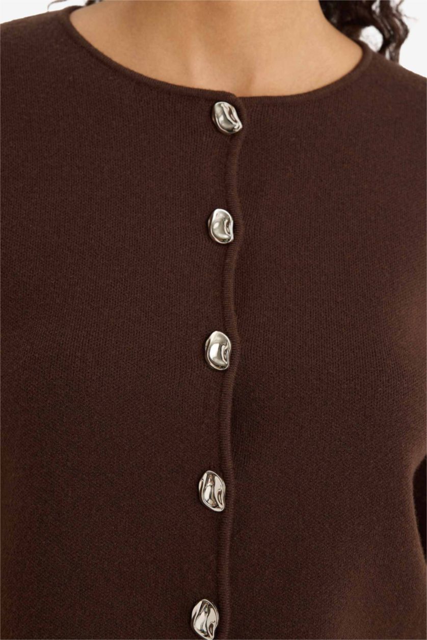 Женщины Коричневый Трикотажный кардиган с круглым вырезом, приталенный