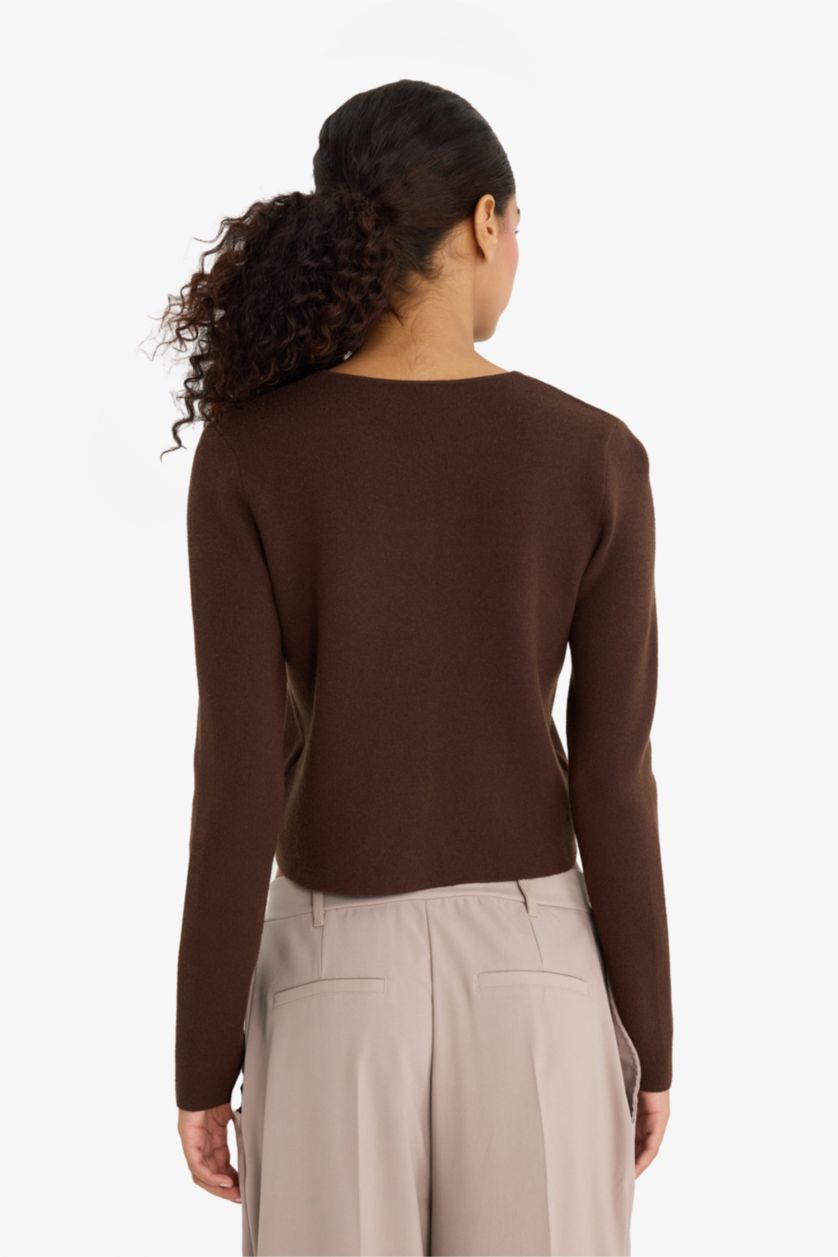 Женщины Коричневый Трикотажный кардиган с круглым вырезом, приталенный