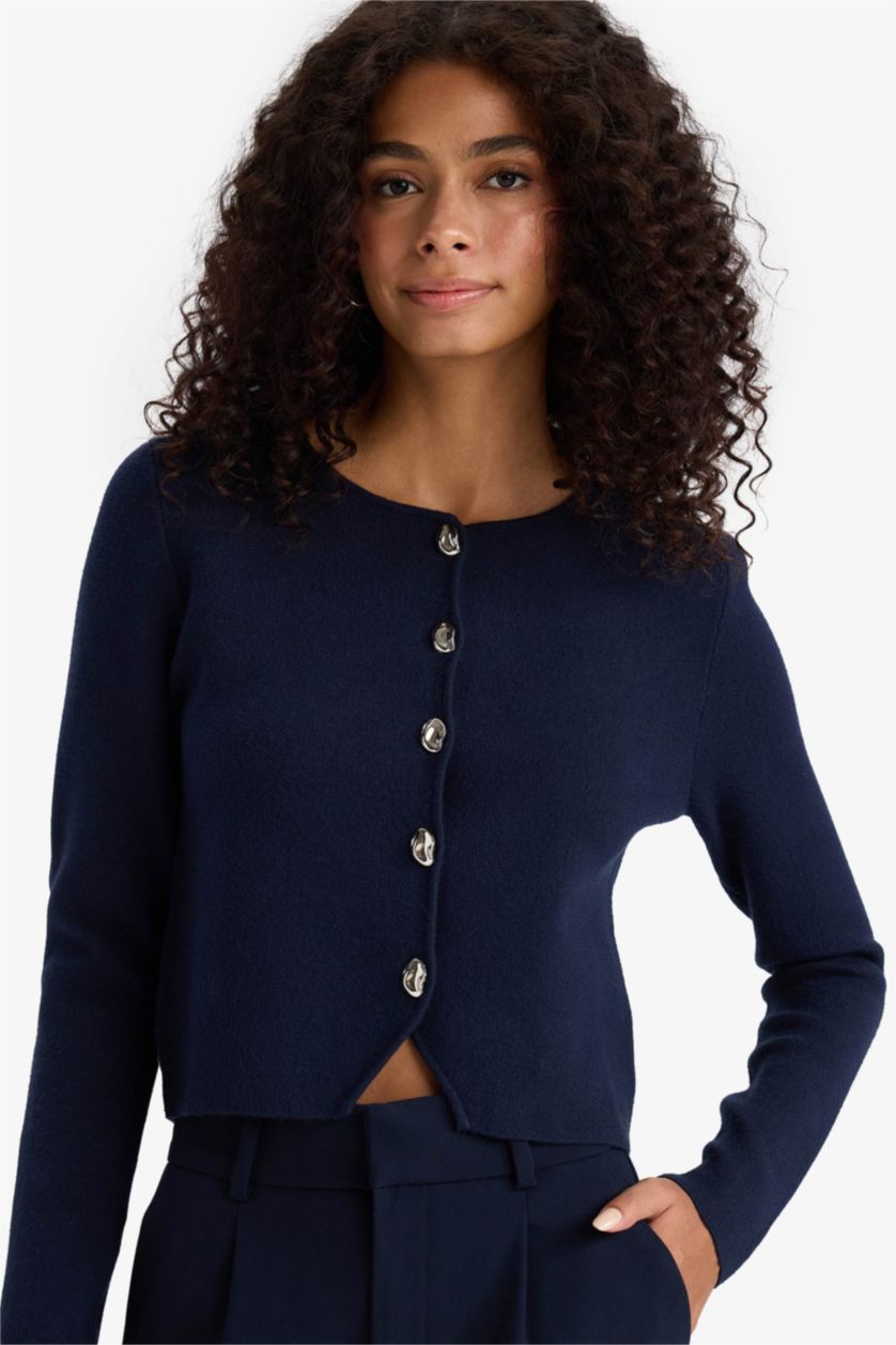 Женщины Синий Приталенный кардиган с круглым вырезом