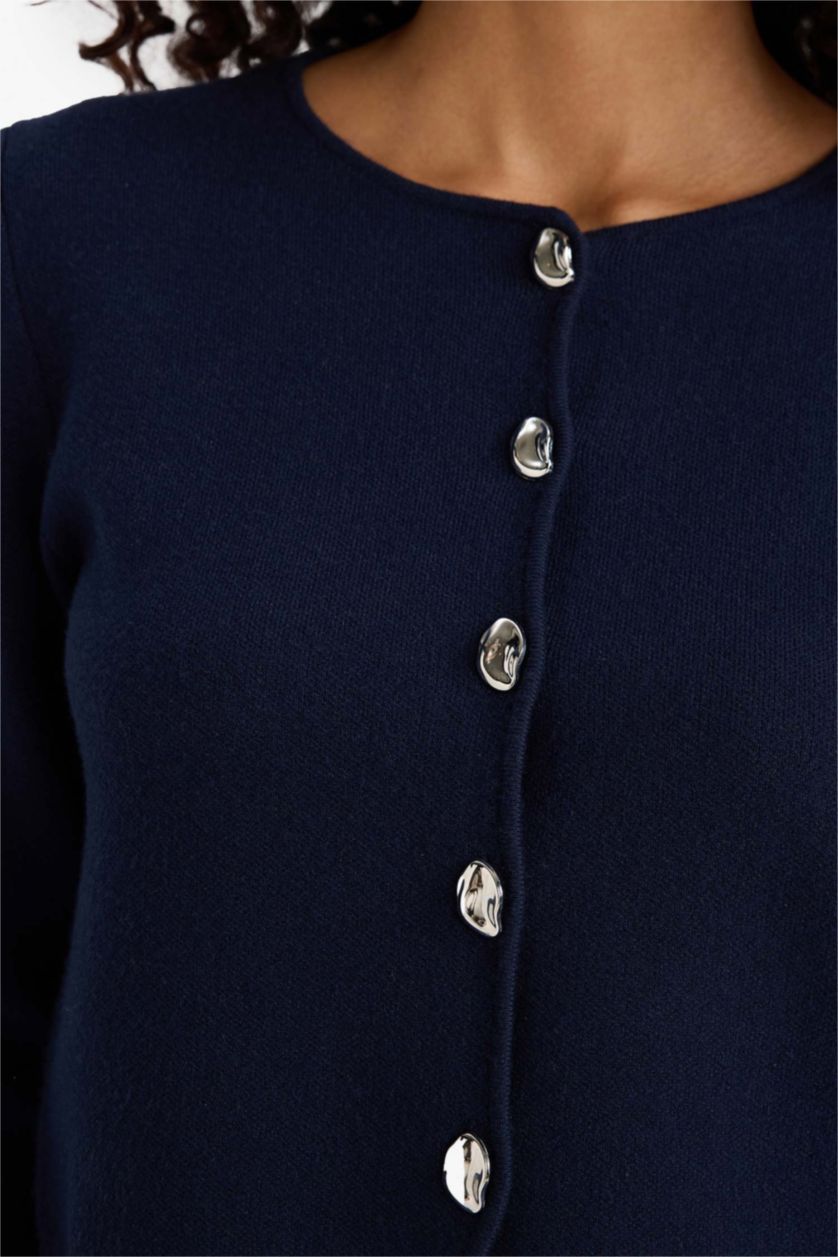 Женщины Синий Приталенный кардиган с круглым вырезом