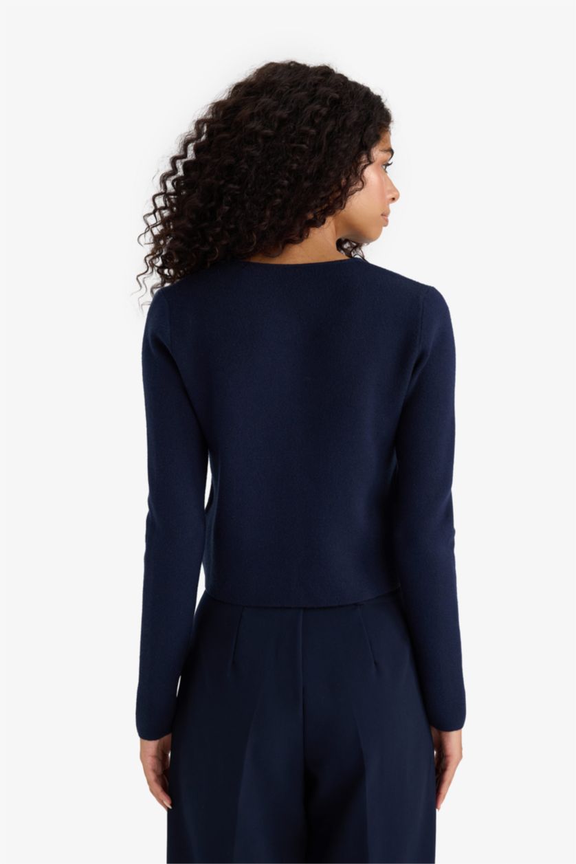 Женщины Синий Приталенный кардиган с круглым вырезом