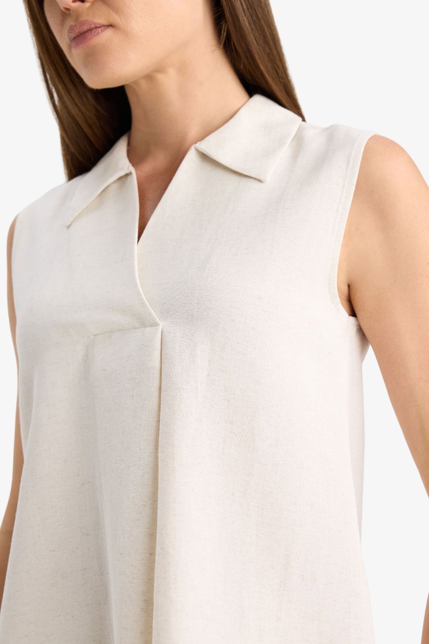 Kadın Taş Regular Fit Polo Yaka Keten Karışımlı Kolsuz Bluz