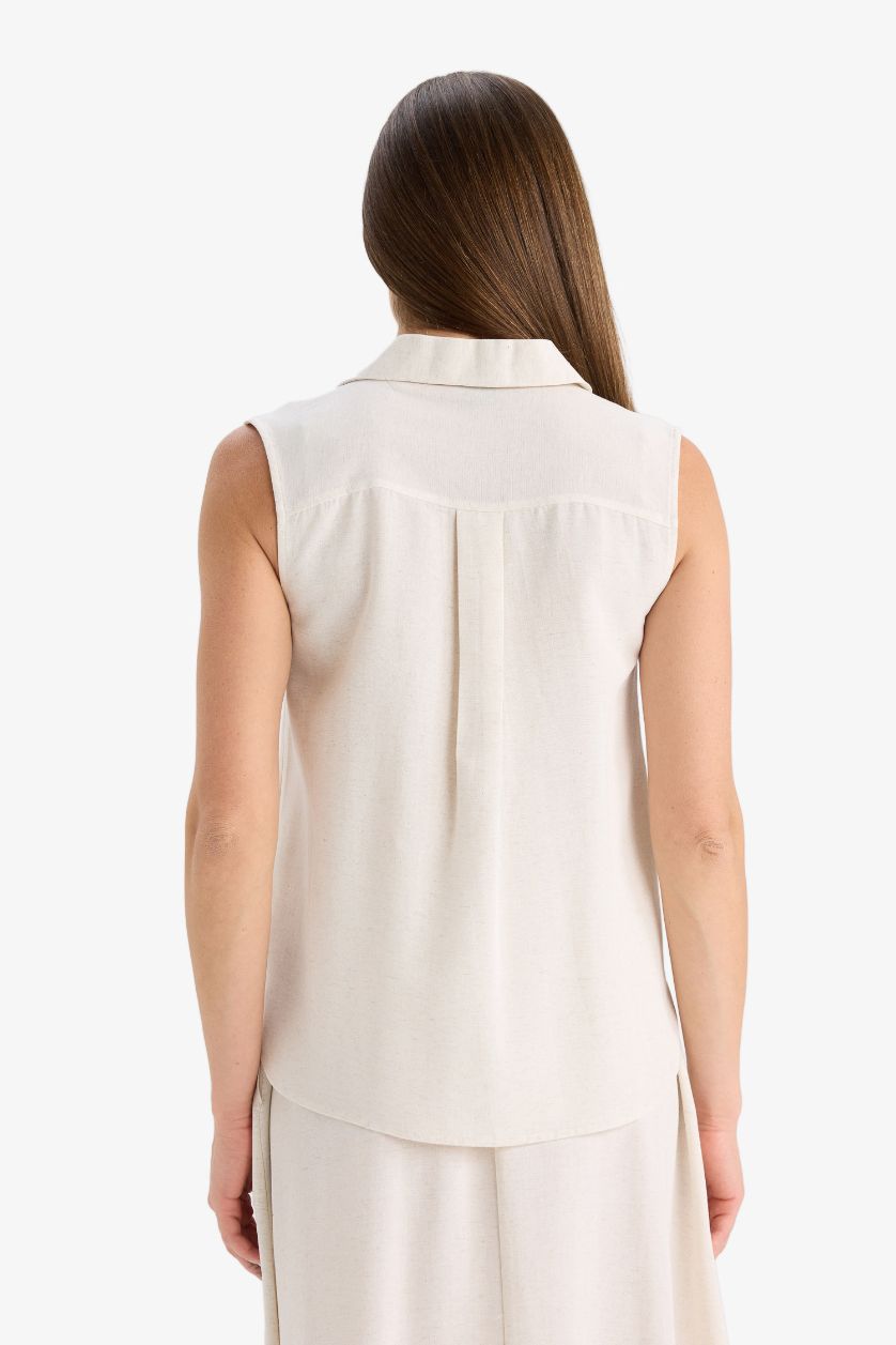 Kadın Taş Regular Fit Polo Yaka Keten Karışımlı Kolsuz Bluz