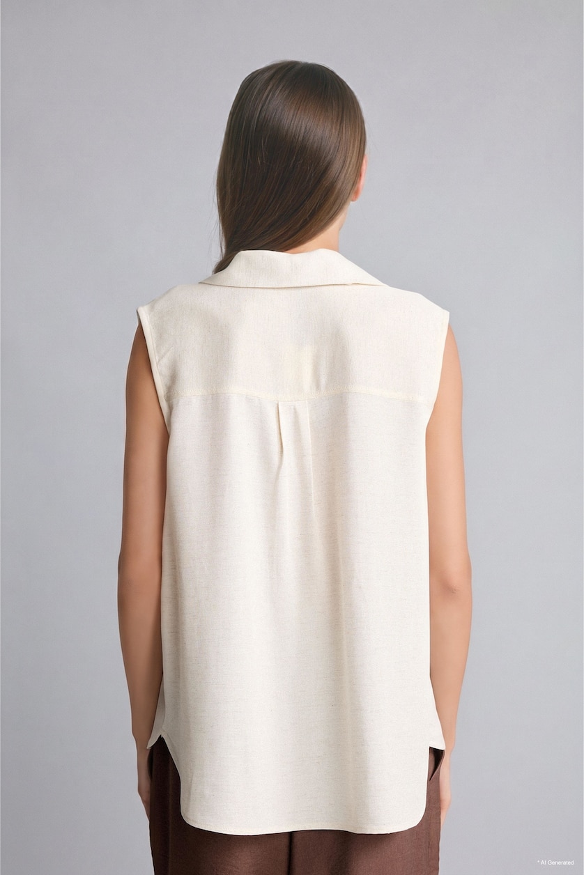 Women Ecru Regular Fit V-Neck Linen Blend Ecru Blouse