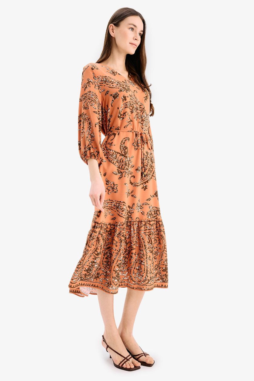 FEMME Orange Robe mi-longue fleurie à col en V manches mi-longues Coupe régulière