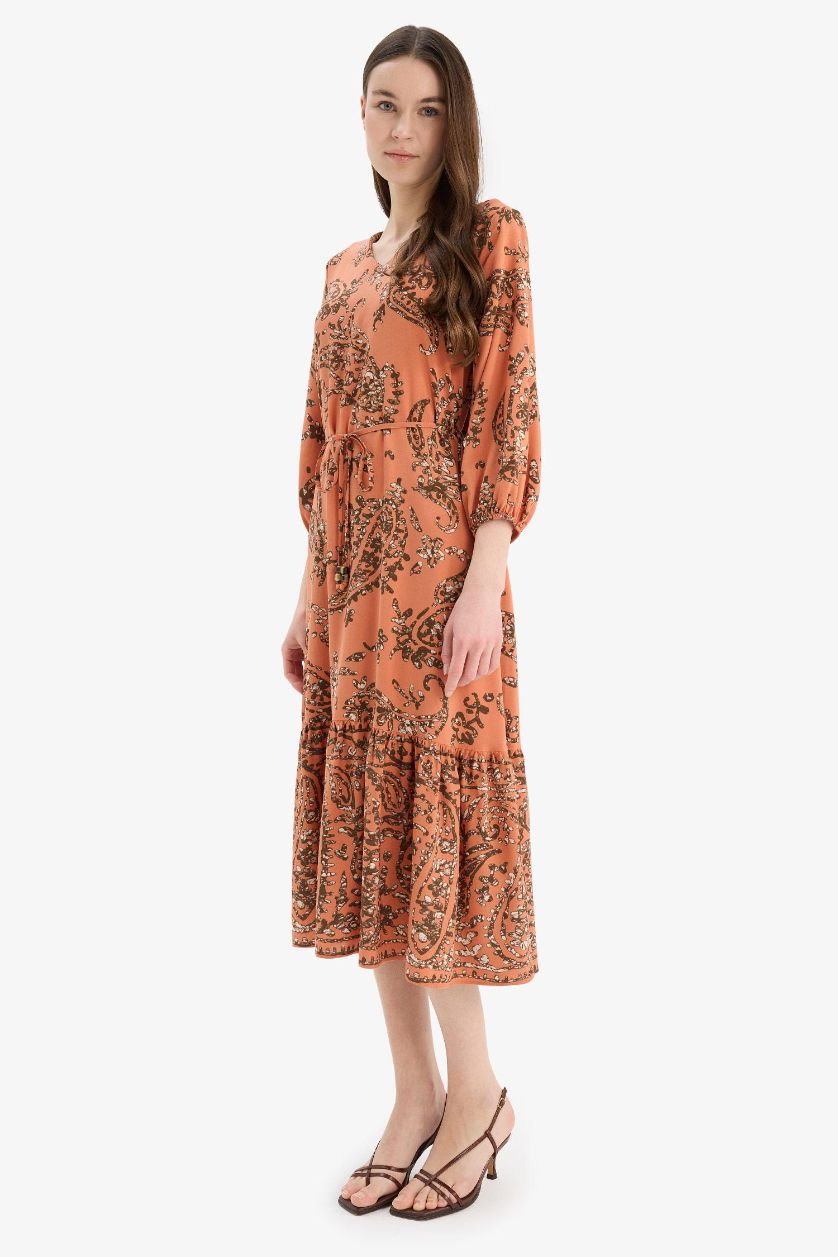 FEMME Orange Robe mi-longue fleurie à col en V manches mi-longues Coupe régulière