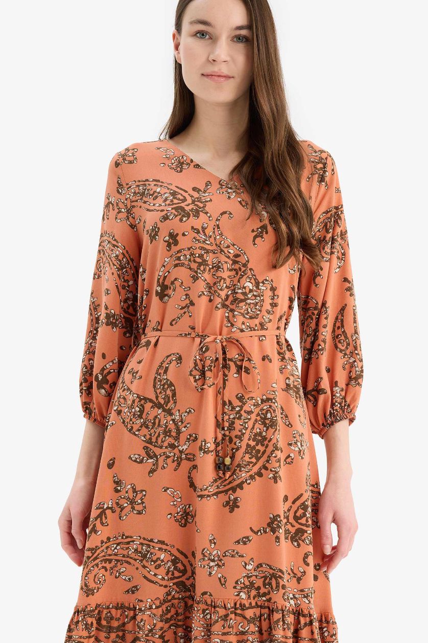 FEMME Orange Robe mi-longue fleurie à col en V manches mi-longues Coupe régulière