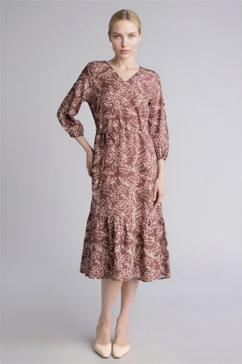 FEMME Orange Robe mi-longue fleurie à col en V manches mi-longues Coupe régulière