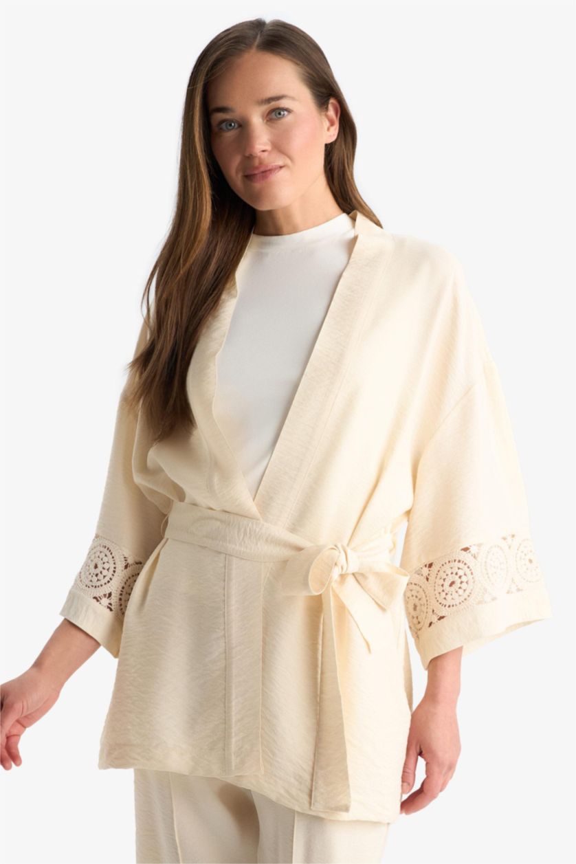 Kadın Kum Regular Fit Uzun Kollu Kuşaklı Kimono