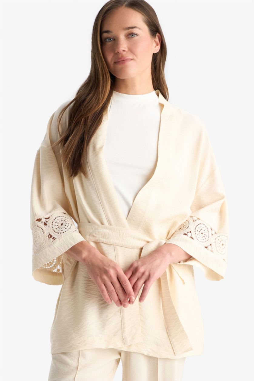 Kadın Kum Regular Fit Uzun Kollu Kuşaklı Kimono