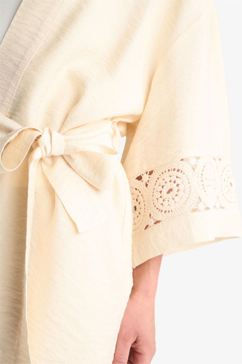 Kadın Kum Regular Fit Uzun Kollu Kuşaklı Kimono