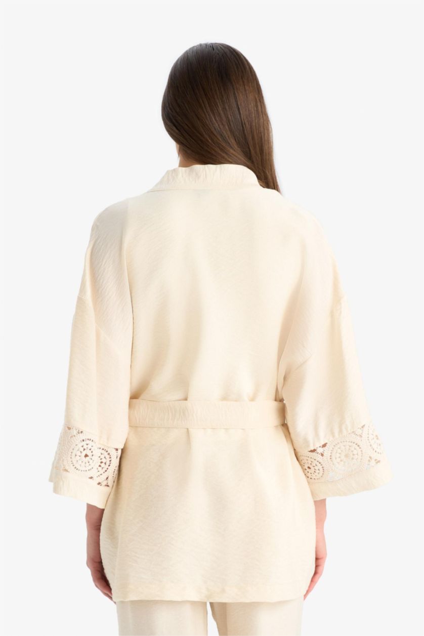 Kadın Kum Regular Fit Uzun Kollu Kuşaklı Kimono
