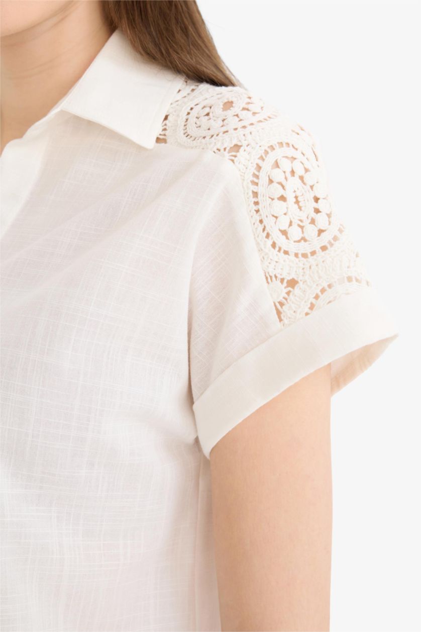 FEMME Écru Chemise en coton flammé à manches courtes avec dentelle Coupe régulière