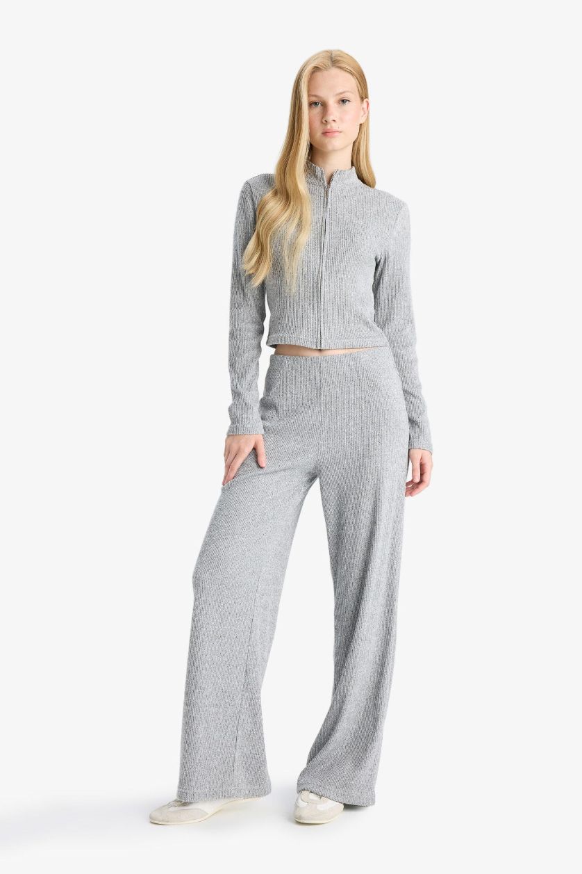 Kadın Gri Melanj Beli Lastikli Flare Fit Geniş Paça Eşofman Altı