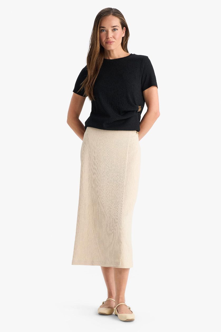 Kadın Bej Regular Fit Basic Düz Midi Etek