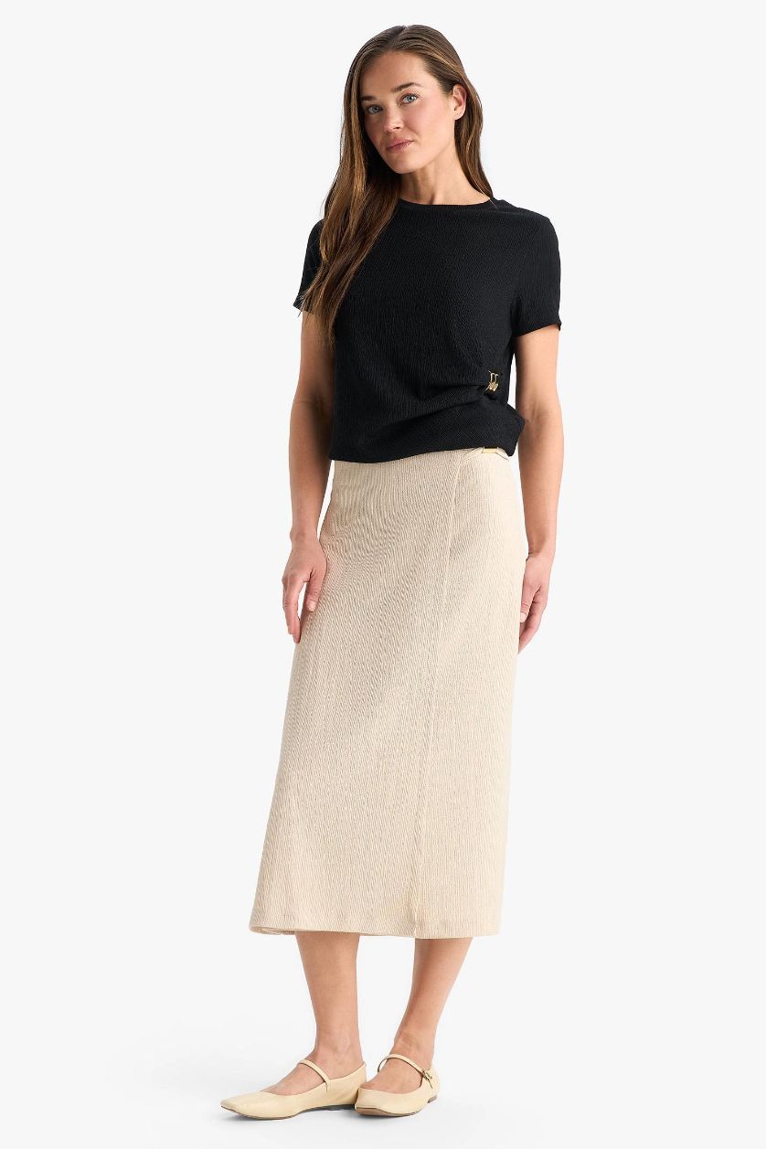 Kadın Bej Regular Fit Basic Düz Midi Etek