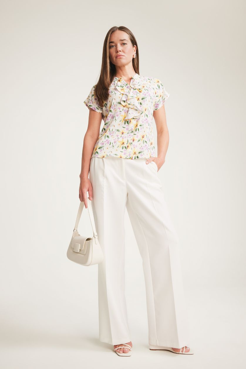 نساء أصفر قميص نص كم فلورال قصة عادية برقبة قميص