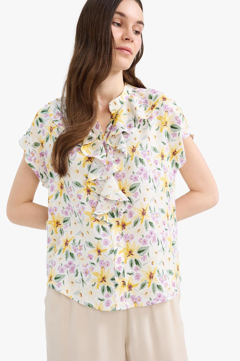 نساء أصفر قميص نص كم فلورال قصة عادية برقبة قميص