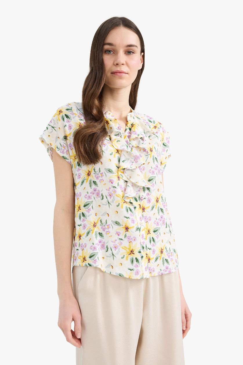 نساء أصفر قميص نص كم فلورال قصة عادية برقبة قميص