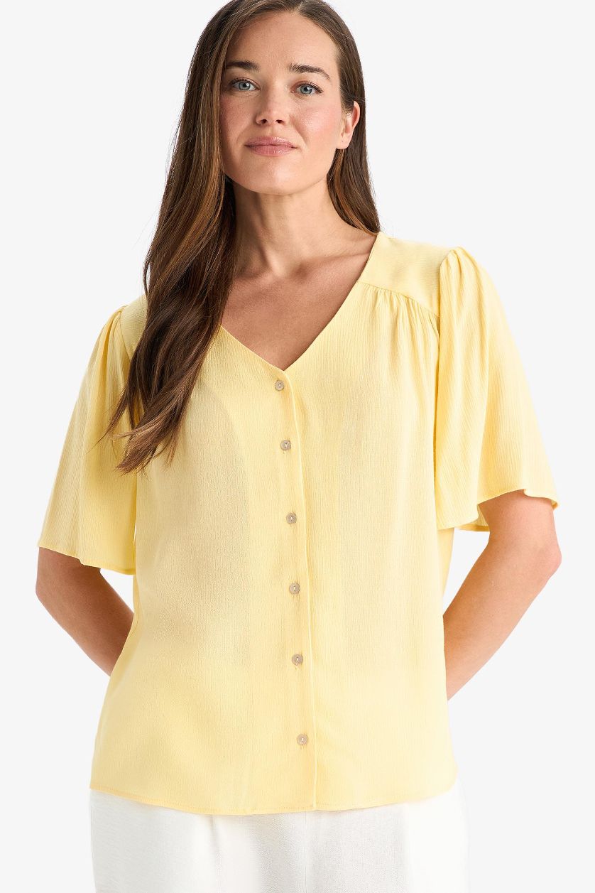 WOMAN Light Yellow Regular Fit V-Neck Crinkle Viscose Short Sleeve Shirt