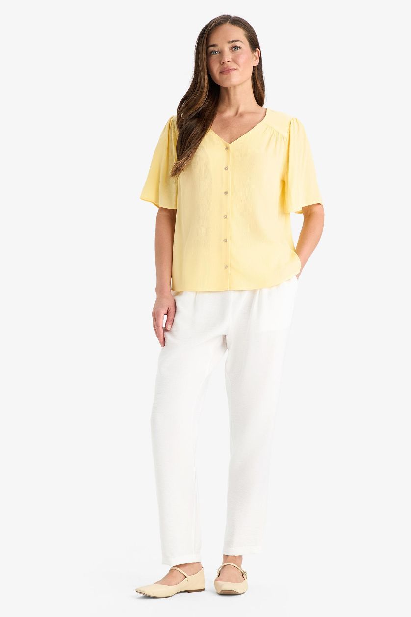 WOMAN Light Yellow Regular Fit V-Neck Crinkle Viscose Short Sleeve Shirt