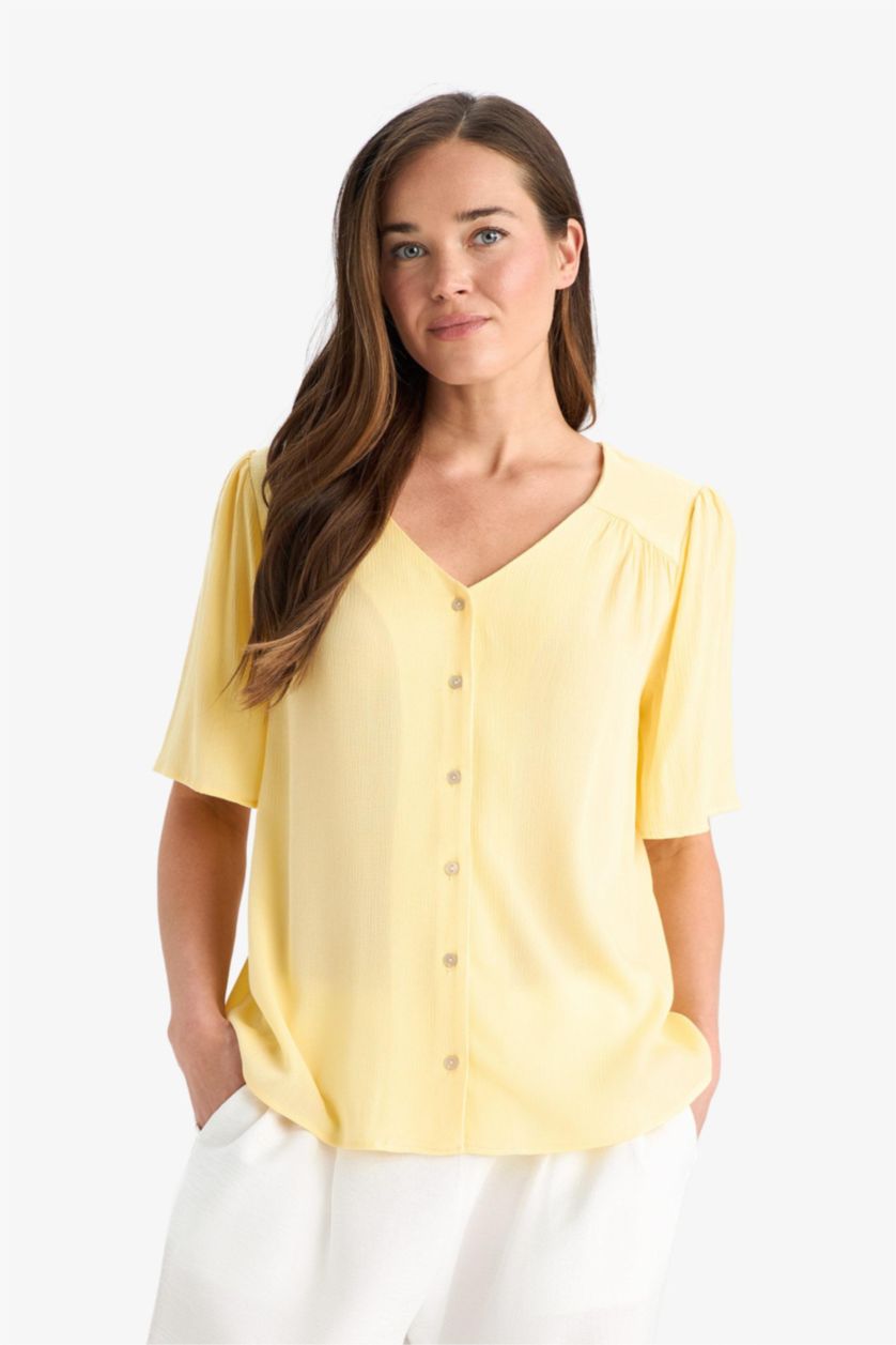 WOMAN Light Yellow Regular Fit V-Neck Crinkle Viscose Short Sleeve Shirt