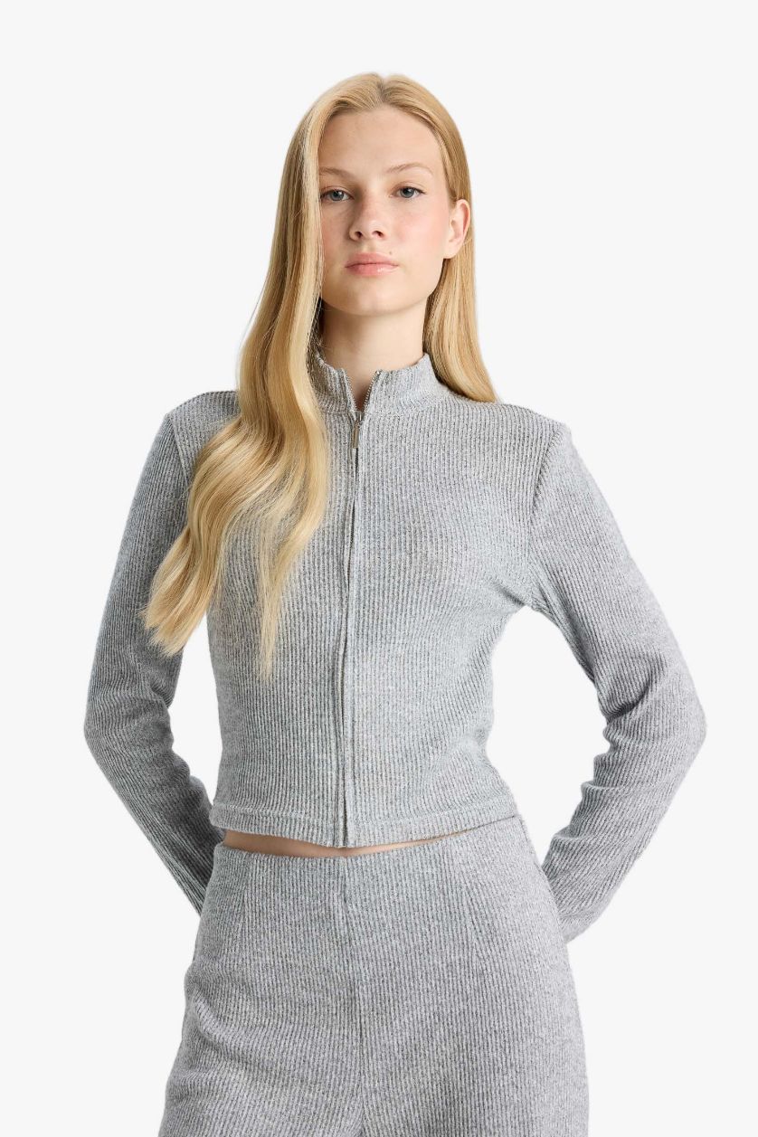 WOMAN Grey Melange Turtleneck Zip-Up Cardigan