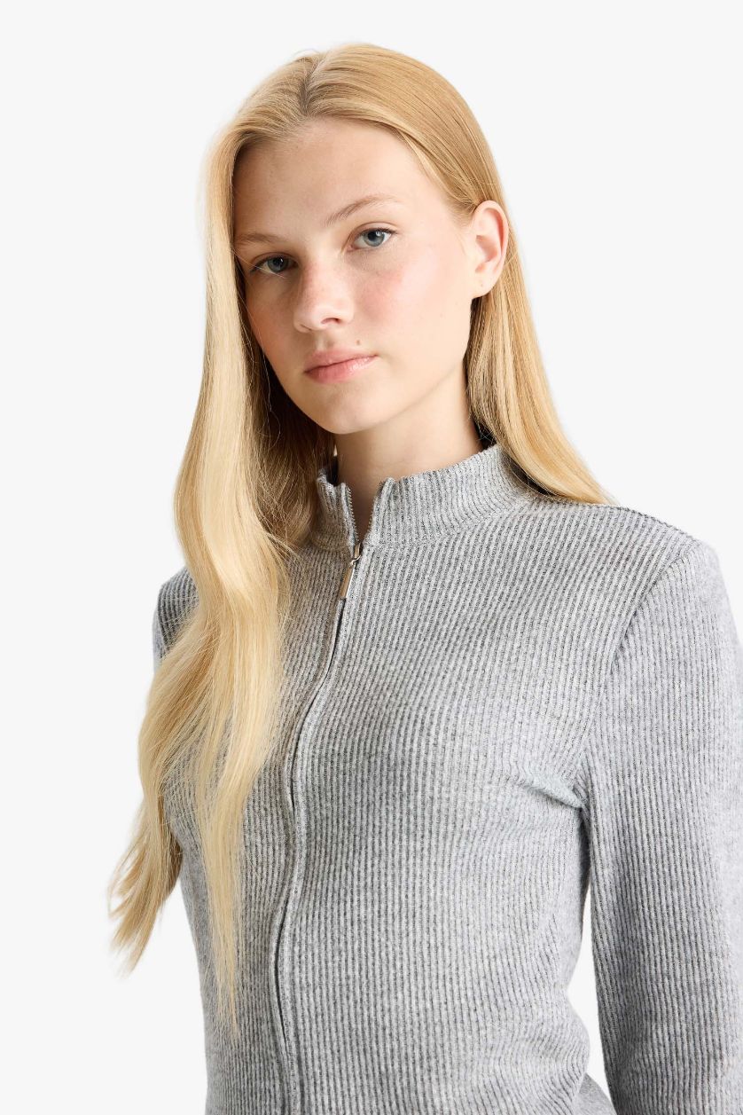 WOMAN Grey Melange Turtleneck Zip-Up Cardigan
