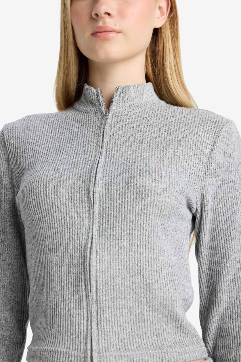 WOMAN Grey Melange Turtleneck Zip-Up Cardigan