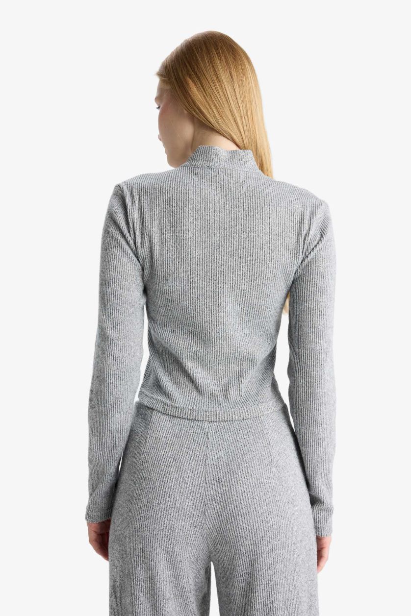 WOMAN Grey Melange Turtleneck Zip-Up Cardigan