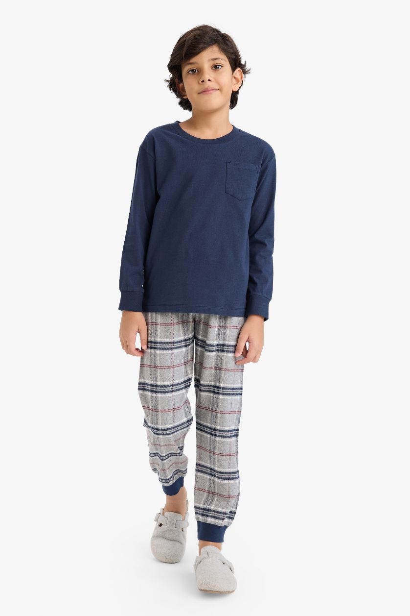 Erkek Çocuk - Genç Erkek Lacivert %100 Pamuklu Flanel Beli Lastikli Pijama Takımı Erkek Çocuk