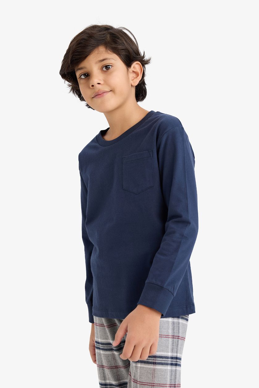 Erkek Çocuk - Genç Erkek Lacivert %100 Pamuklu Flanel Beli Lastikli Pijama Takımı Erkek Çocuk